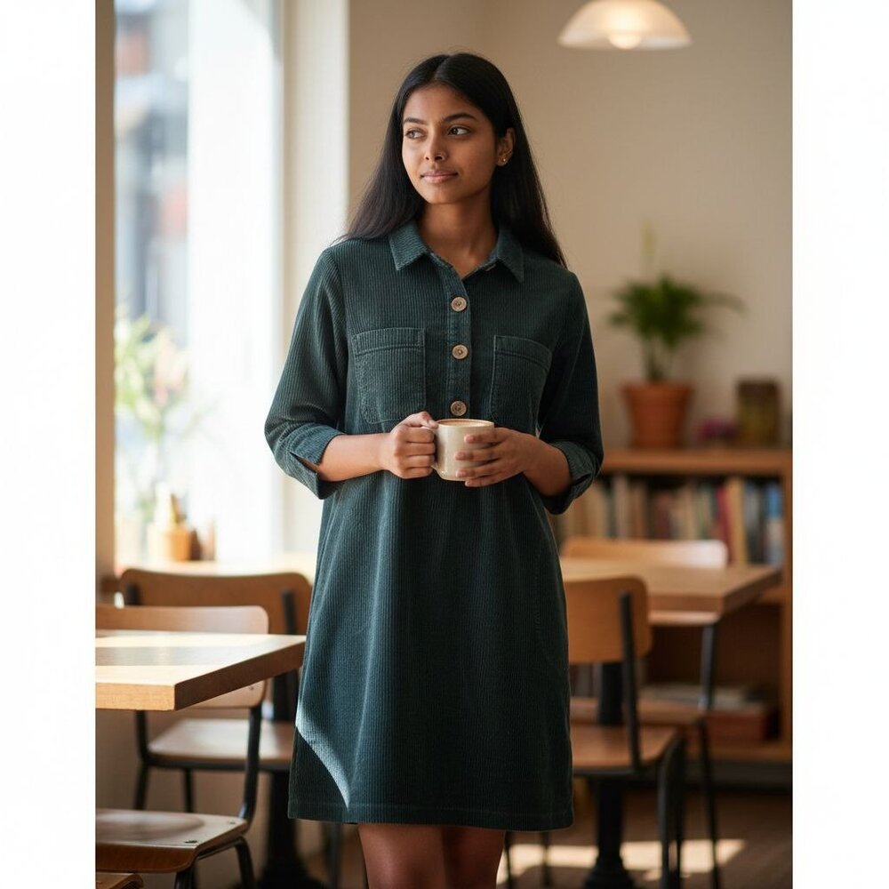 J. Jill XS Petite Corduroy Shirt Dress Teal Blue 3/4 Sleeve Pockets - Picture 3 of 14